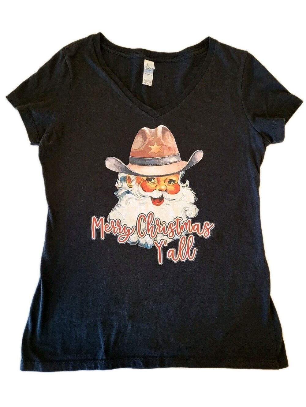 District Women's Sz M Merry Christmas Y'all Cowboy Santa Texas Western T-Shirt